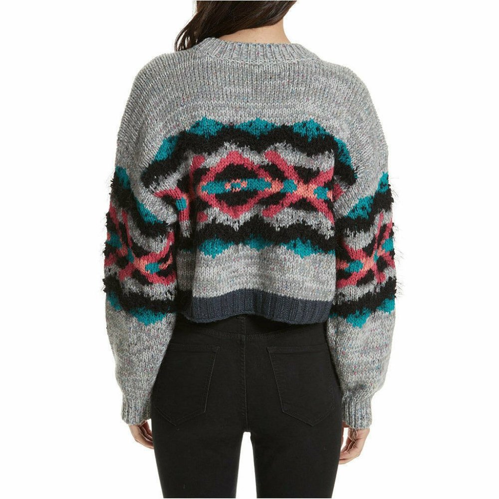 Free People Multicolor Gray Crewneck Sweater with Teal & Pink Accents - Picture 2 of 10